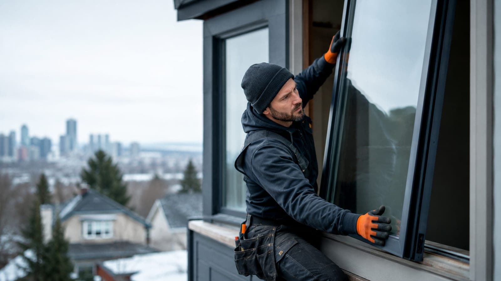 Glass technician fitting a large replacement window pane in a Toronto home