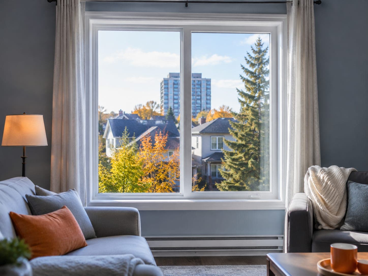Clean, clear, newly replaced living-room window in a bright GTA home